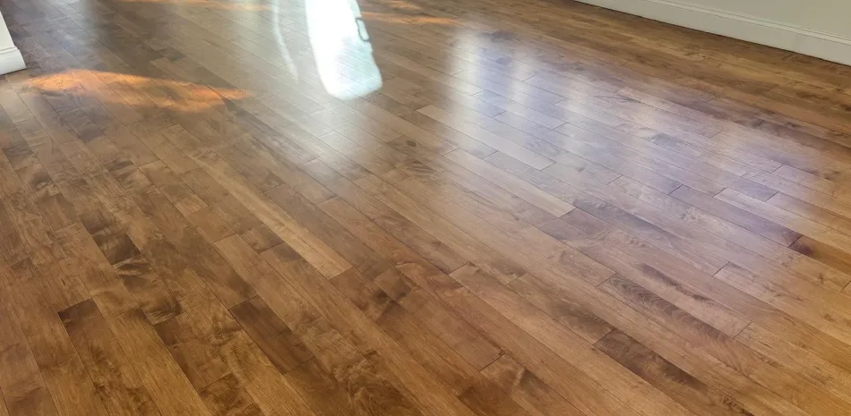 Newly installed light brown hardwood floor with sunbeams reflecting, near a white wall and large windows.